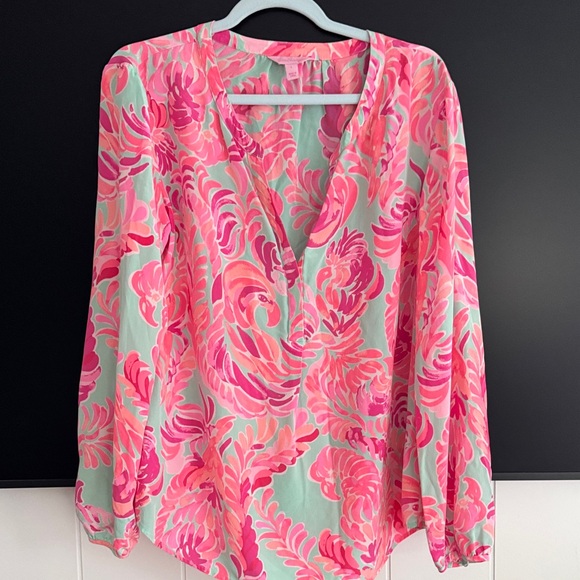 Lilly Pulitzer Tops - Lilly Pulitzer Pink and Aqua Floral V-Neck Blouse